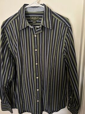 Eddie Bauer Black Shirt with Green & Light Blue Stripes